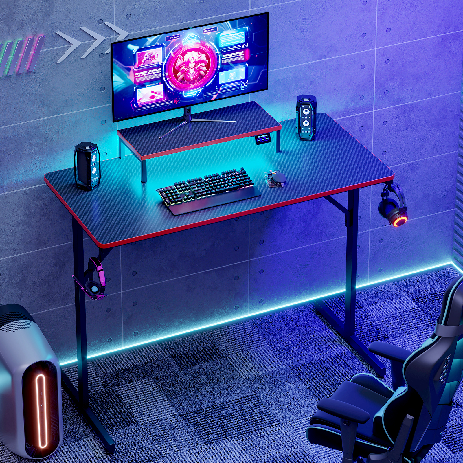 RSPGAME 39" Gaming Desk with LED Lights and Monitor Stand, Red photo 6