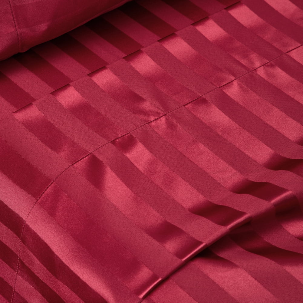 AiMay Italian Style  6 Piece Satin Bed Sheet Set Stripes Super Soft Deep Pocket 1800 Luxury Rich Silk 1 Flat Sheet 1 Fitted Sheet 4 Envelope Pillowcases Stain-Resistant Wrinkle Free (Queen, Burgundy)