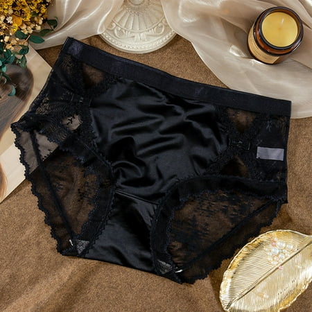 BUYISI Satin Silky Knickers Sexy Brief Women Underwear Lace See Though Panties Seamless Black XL