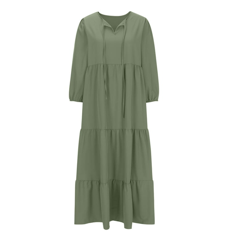 Blmnix Pleated Wedding Guest Dresses for Women Tea-Length Casual Smock  Dress 3/4 Sleeve Tie Neck Green Spring Skirts for Women,L