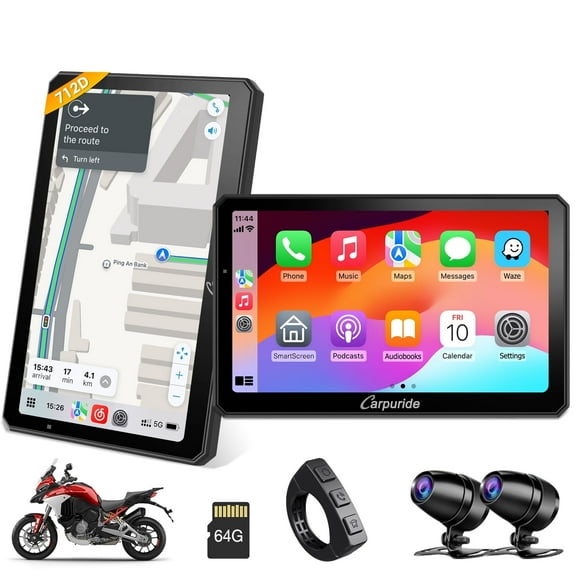 Carpuride Motorcycle HD Dual 1080P Dash Cam, Wireless Apple CarPlay & Android Auto Wire Control, Horizontal Vertical Rotation 7" Touch Screen (712D)