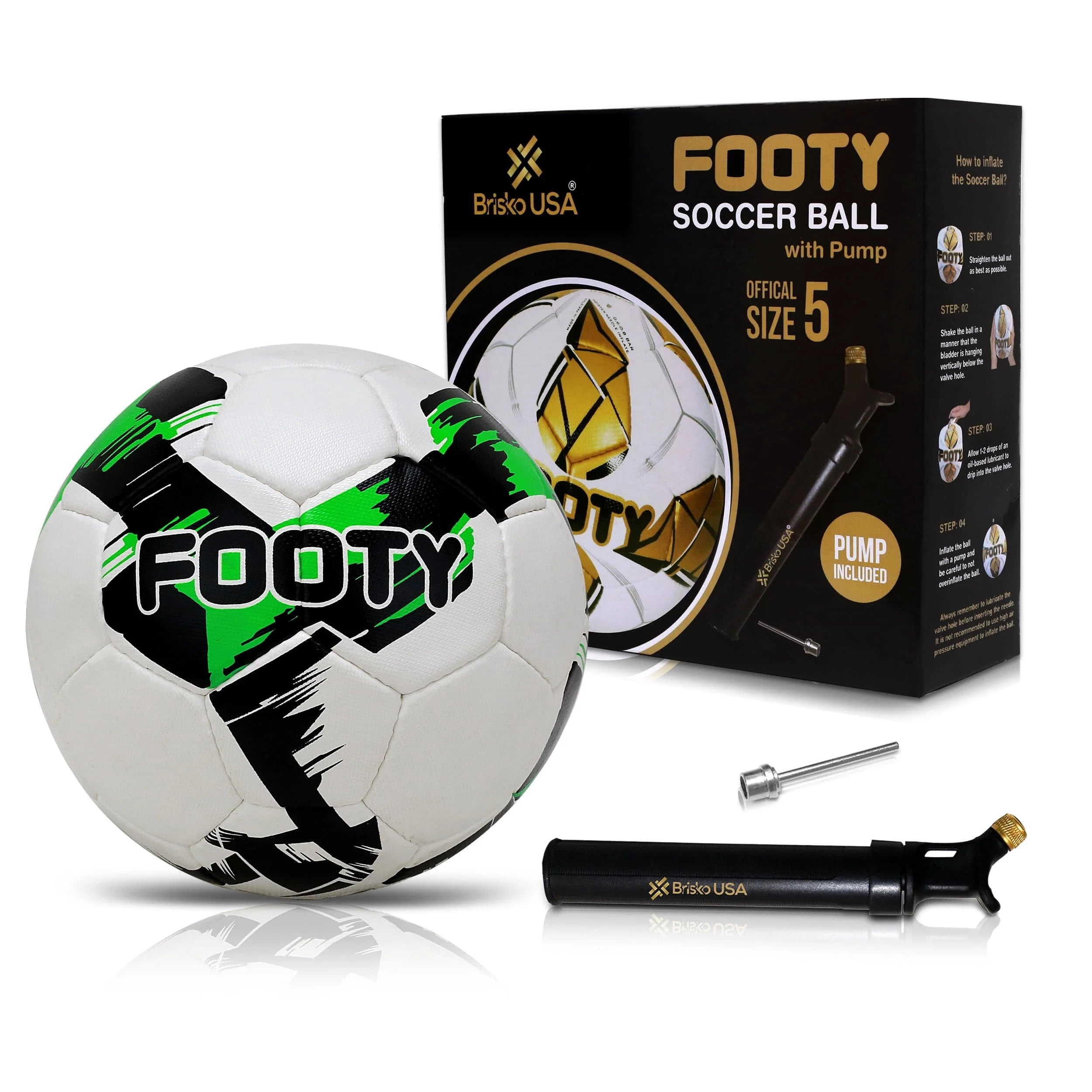 Brisko USA - Footy Premium Hand Stitched Green Soccer Ball Size 5 With Pump