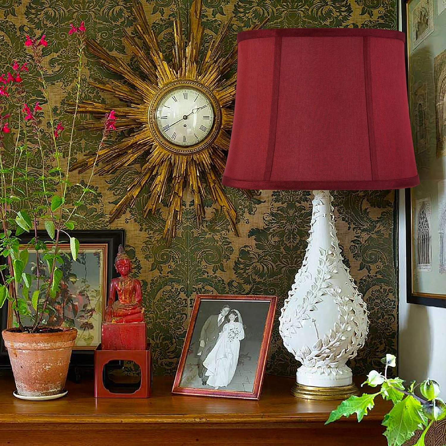 GOSO Medium Red Drum Lamp Shade for Table Lamps Floor Lamp,12x14x10 inch (Spider) Natural Fabric Faux Silk Lampshades Replacement, Art Deco Vintage Lamp Shades for Living Room&Bedroon-Easy Assembly