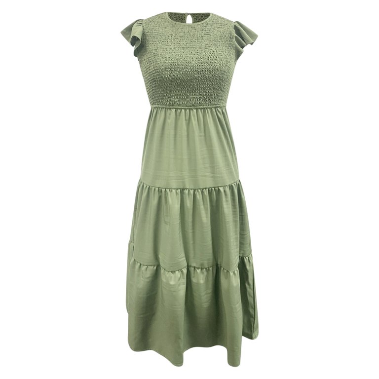 midi mini maxi dress Puffed Short Sleeves Ruffle Hem Midi Dress-Multi Lizzy Lou Boutique