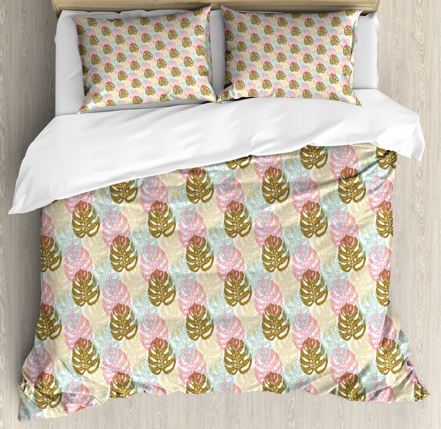 Leaves Duvet Cover Set, Tropical Theme Exotic Motifs Colorful Dotted