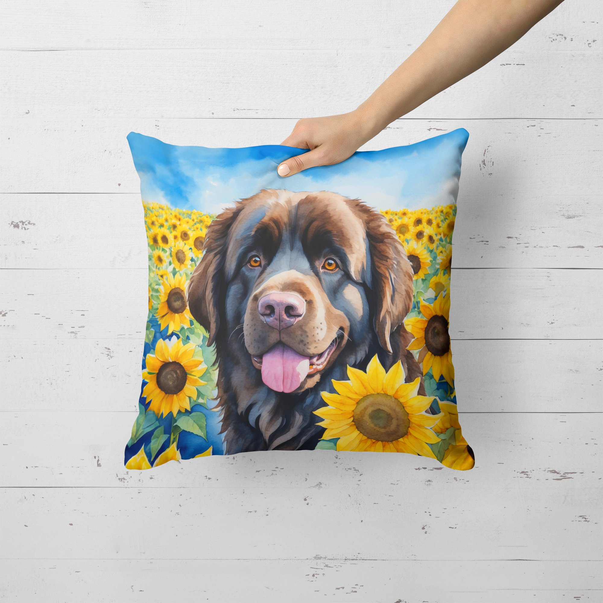 Newfoundland in Sunflowers Throw Pillow 18 in x 18 in