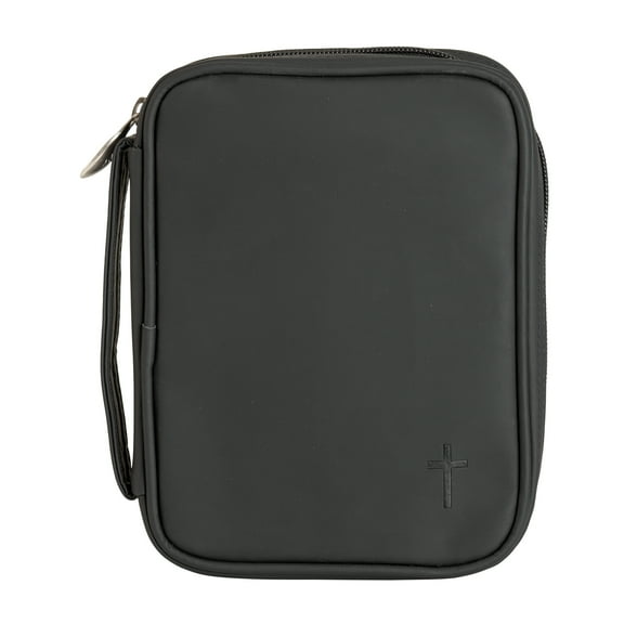 Matte Black Stitched Cross 8 x 6 Fabric Zippered Bible Cover Case with Handle, Compact