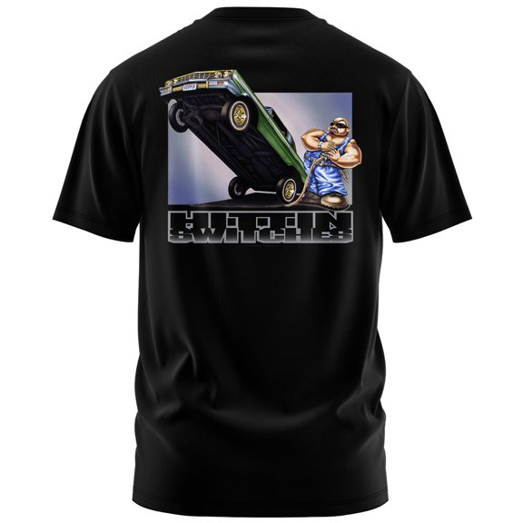 Rollin Hard Men's Hittin Switches Lowrider black Big & Tall heavyweight cotton classic boxy fit front and back print graphic tee shirt