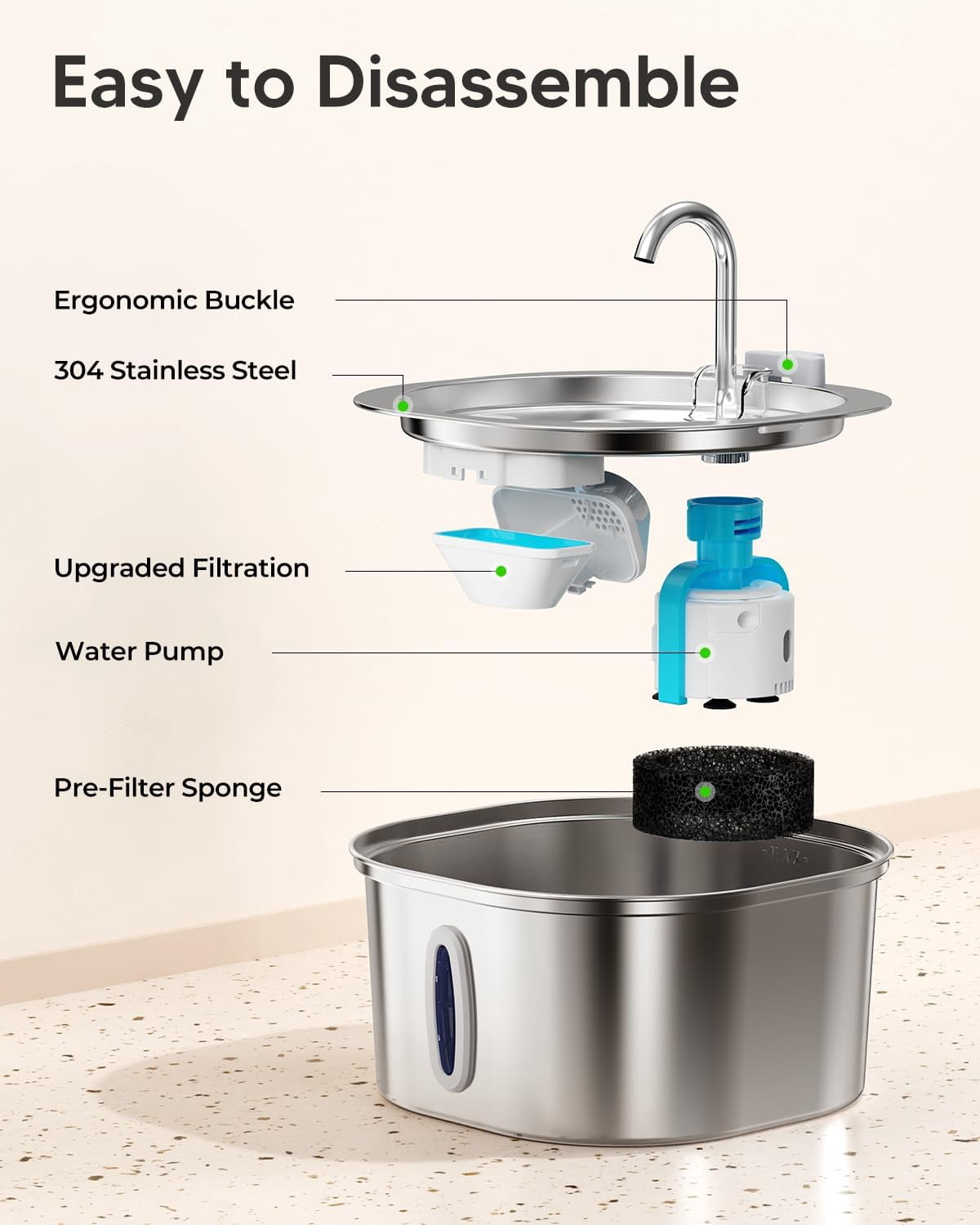 Stainless Steel Cat Water Fountain, 3.2L/108oz Pet Drinking Fountain with Quiet Pump, Dishwasher Safe
