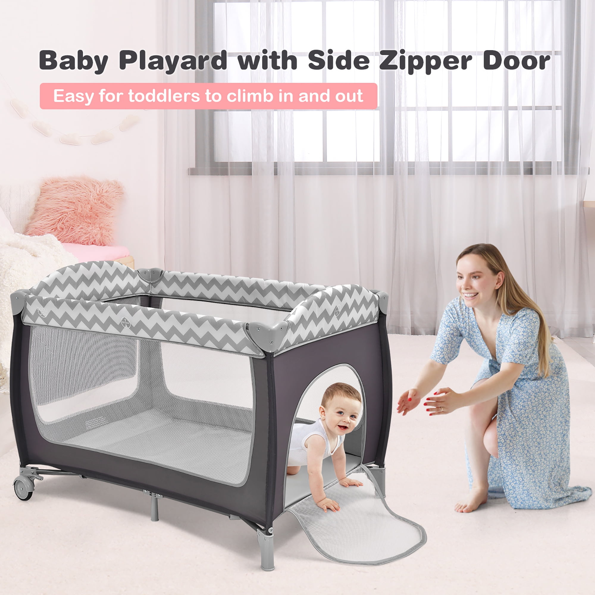 Babyjoy 3 in 1 Baby Playard Portable Infant Nursery Center with Zippered Door Grey