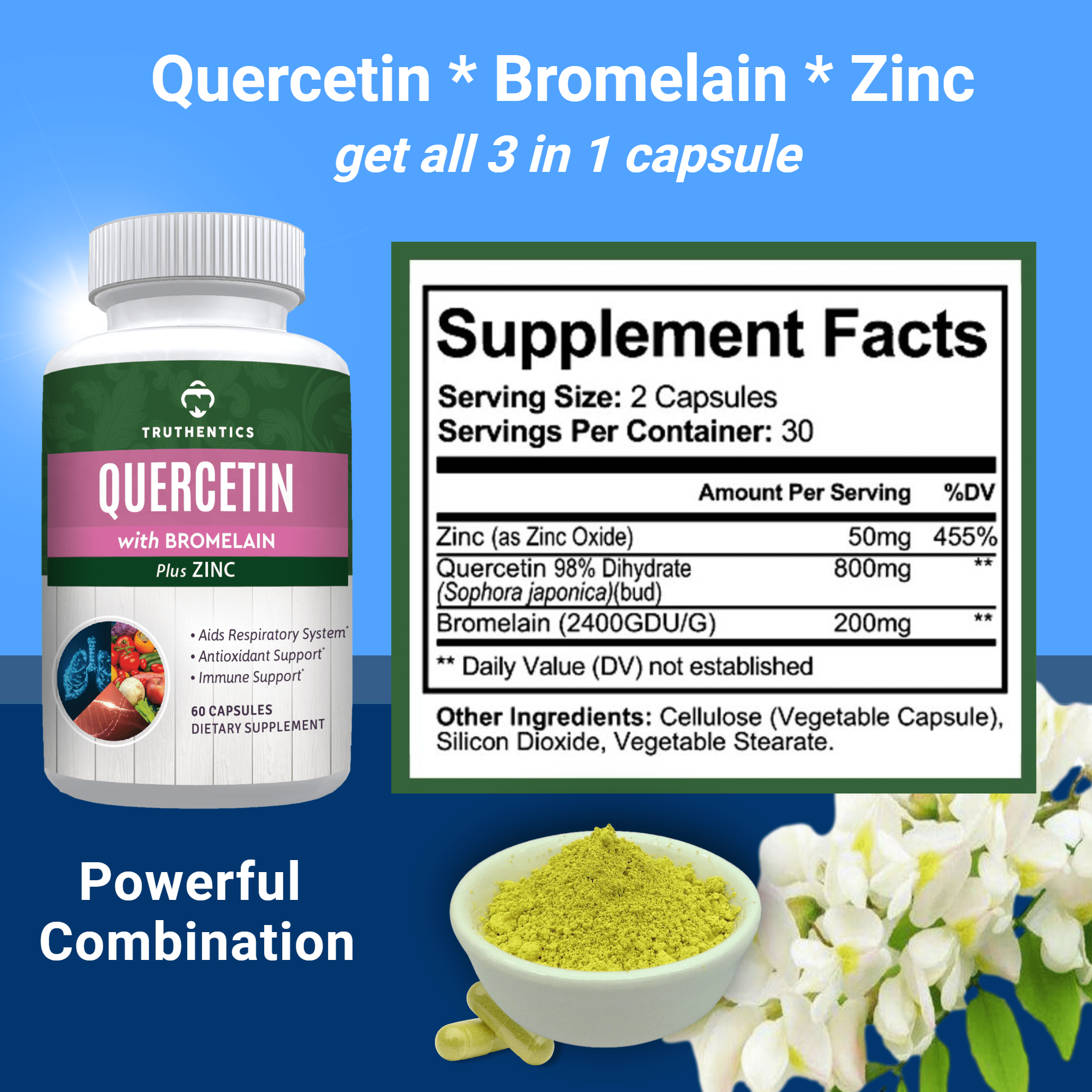 Truthentics Quercetin 800 mg with Bromelain, Zinc, and Omega-3 Fish Oil - 120 Count