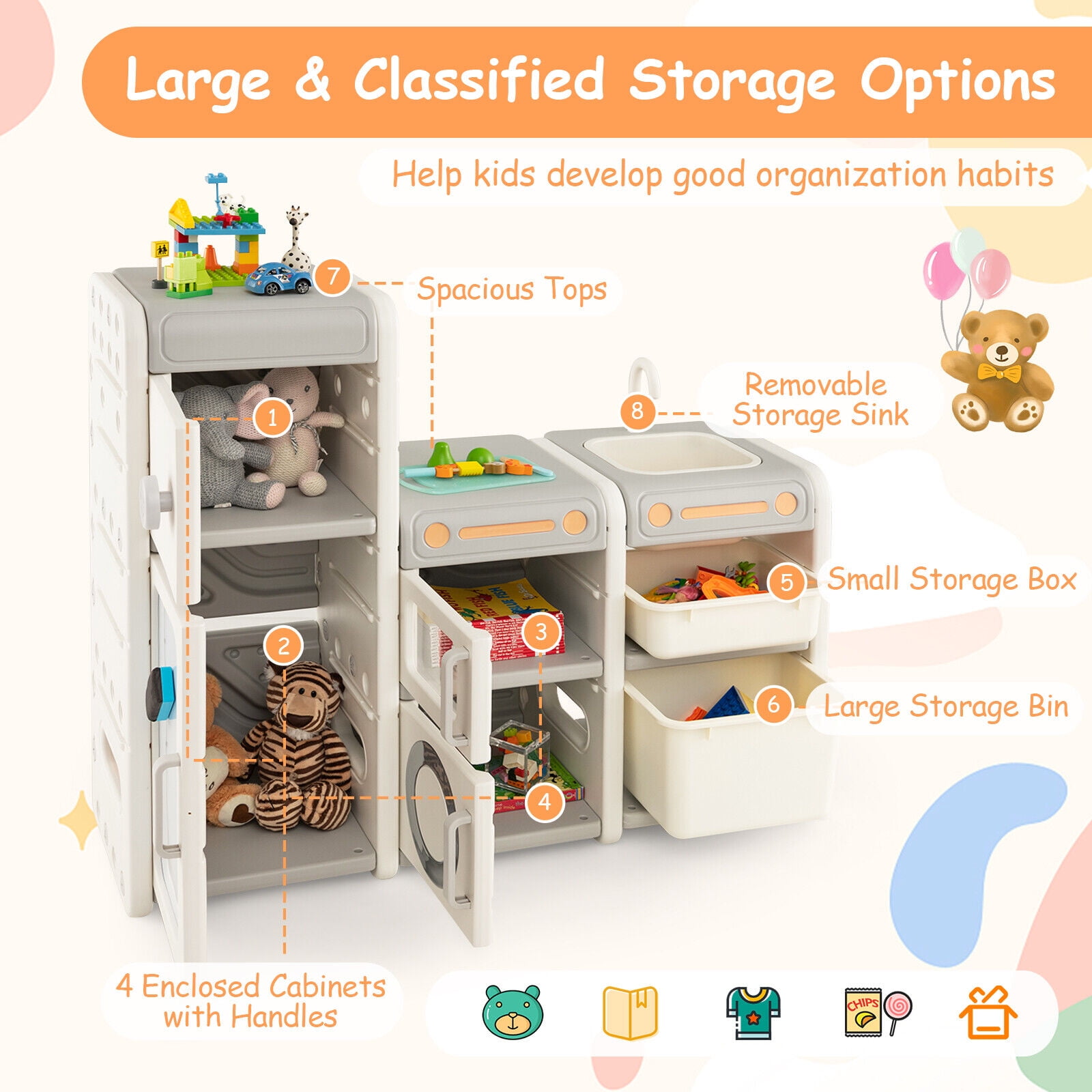 Amijoy Children's Toy Storage Cabinet, Multifunctional Toy Box And Bookshelf With Magnetic Whiteboard, Enclosed Storage Box