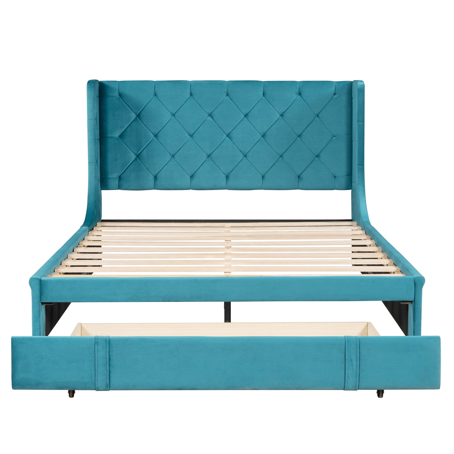 Kadyn Upholstered Platform Bed Frame with Wingback Headboard / Mattress Foundation / Wood Slat Support / No Box Spring Needed / Easy Assembly, Queen&Blue