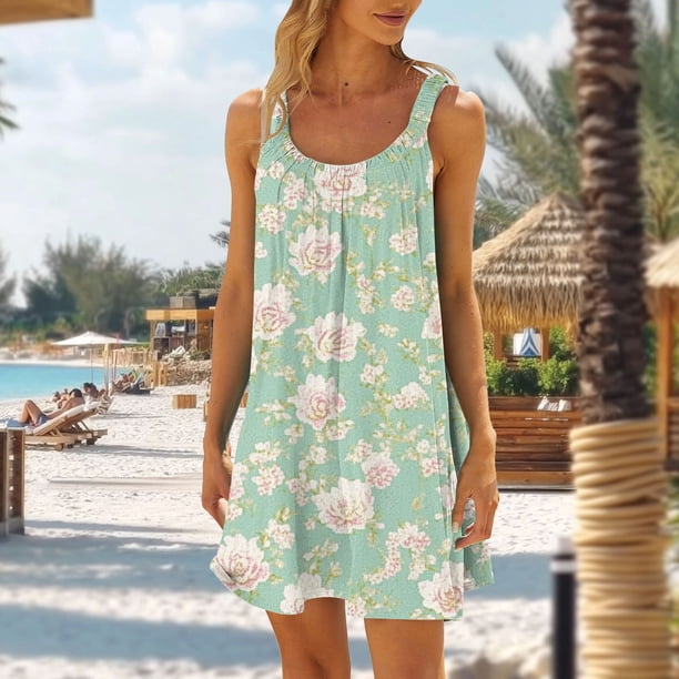 TaTaai Casual Tank Dress Women, Flowy Sleeveless Loose Fit Sundress, Ruffle Strap Floral Print Midi Slip Dress for Summer Day Out Gift