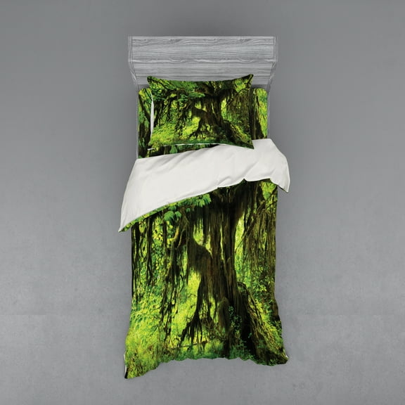Ambesonne Tree Bedding Set 3 Pcs, Moss Jungle Wildlife, Twin, Green Brown