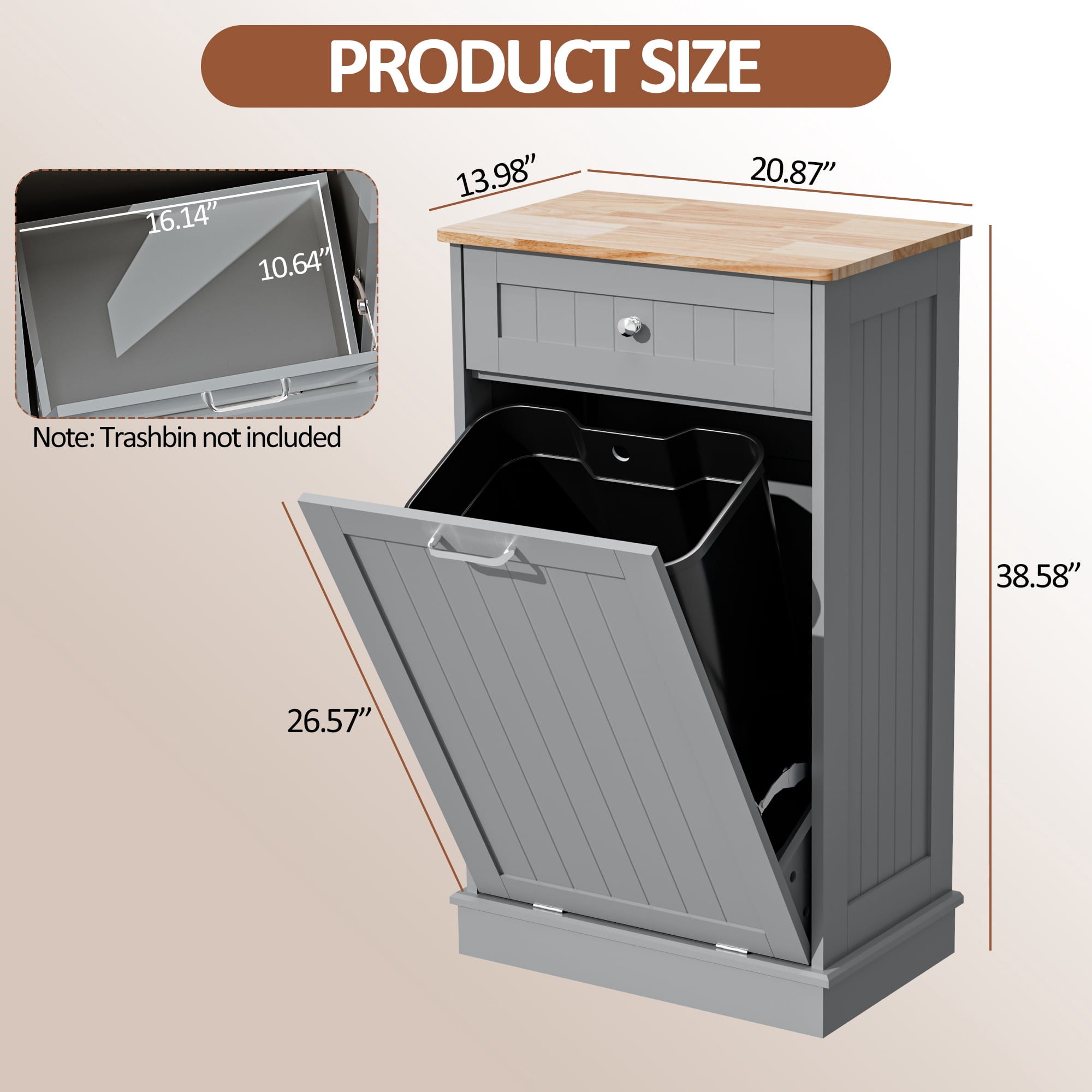 AHB 13 Gallon Single Tilt Out Trash Cabinet with Drawer, Freestanding Kitchen Trash Can Storage Organizer, 20.9"L x 13.55"W x 38.5"H, Gray