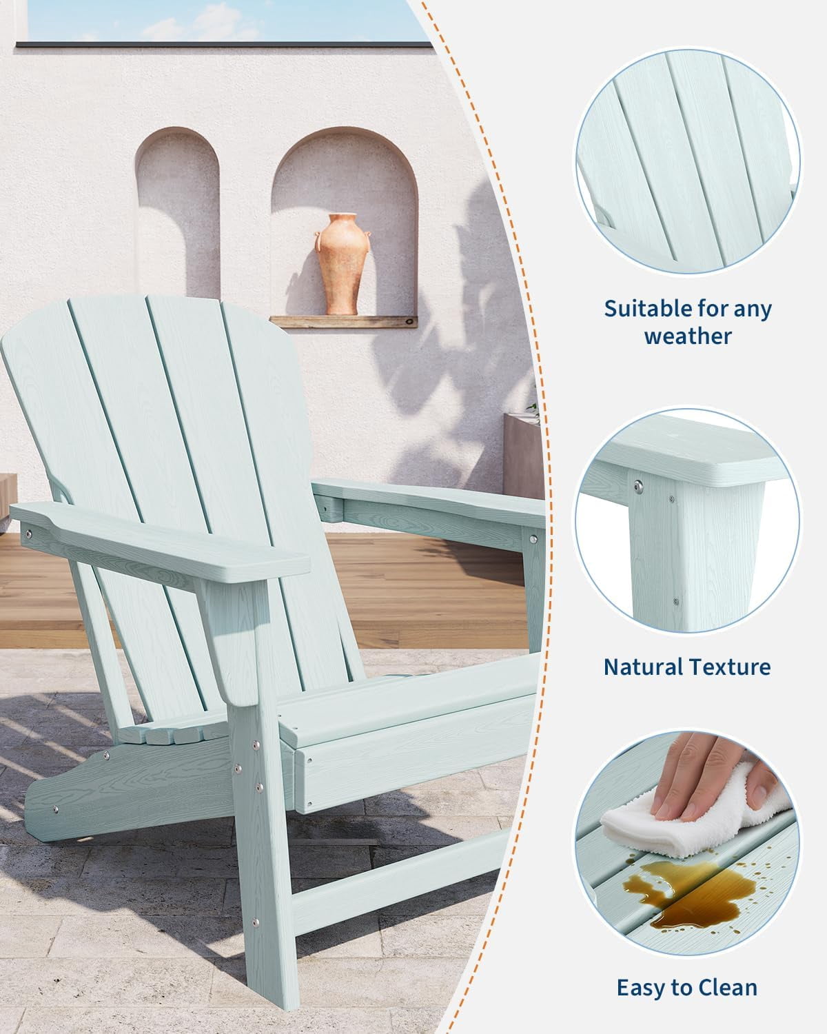 Outdoor Adirondack Chairs, HDPE Plastic Patio Chairs for All Weather, Weather-Resistant Fire Pit Chair with Wide Armrests & Slatted Back, for Patio, Deck, Lawn, Light Biue