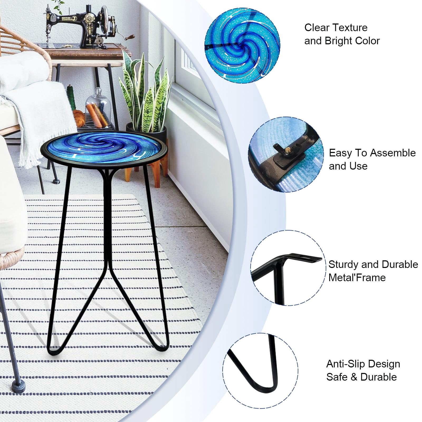 Liffy Blue Glass Side Table- 20 inch Height Vortex Metal End Table ,Plant Stand for Home
