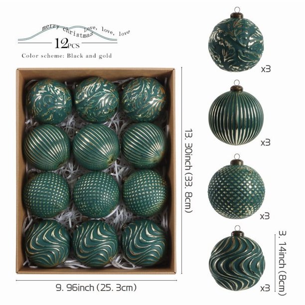 Bolas Decorativas Navideñas Juego de 12 bolas navideñas de 8 cm con diseños surtidos para decorar el árbol de Navidad, color verde. Rkxzt