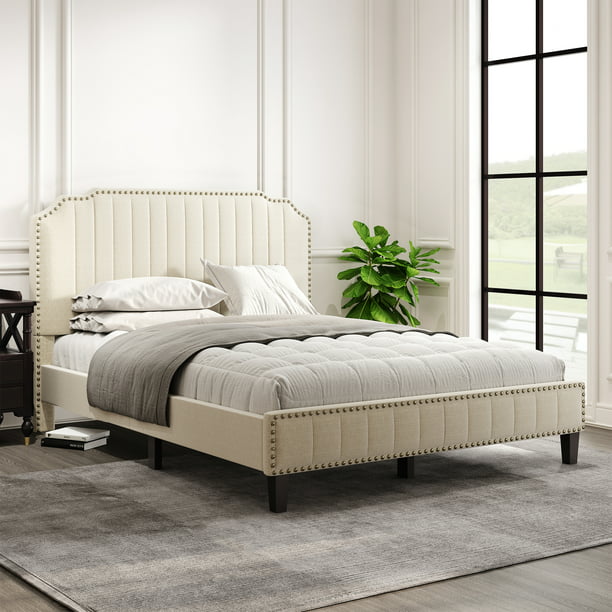 Solid Wood Frame With Nailhead Trim, Curved Headboard Bed Wood