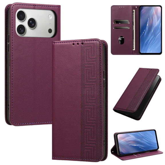 Feishell Wallet Case For iPhone 17 Pro, Premium PU Leather Flip Folio Cover with RFID Blocking Card Slots Cash Pocket Kickstand Wrist Strap Embossed Pattern Shockproof Phone Case,Winered