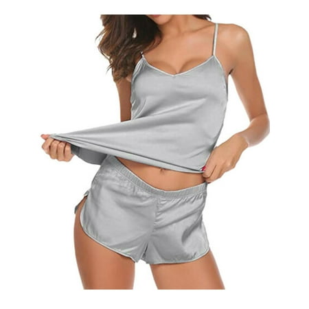 

xingqing Pajamas for Women Silk Sleepwear Soft Lingerie Satin Cami Shorts Set Nightwear Gray M