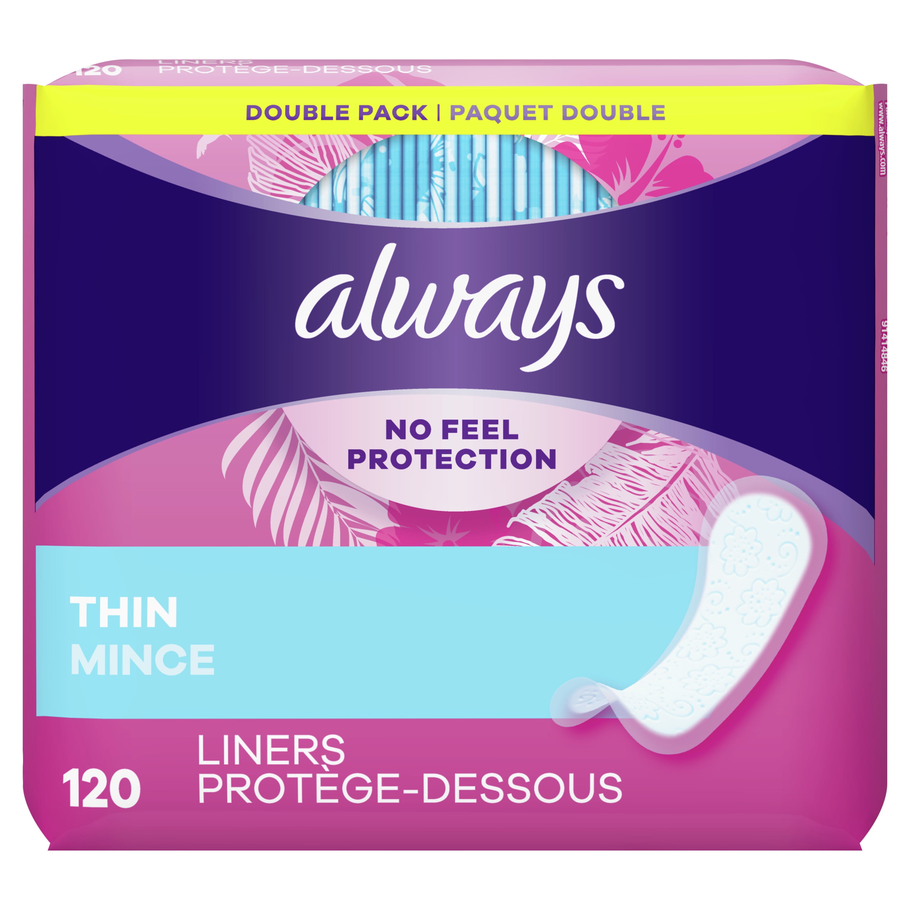 Always Thin No Feel Protection Daily Liners Regular Absorbency Unscented, 120 Ct