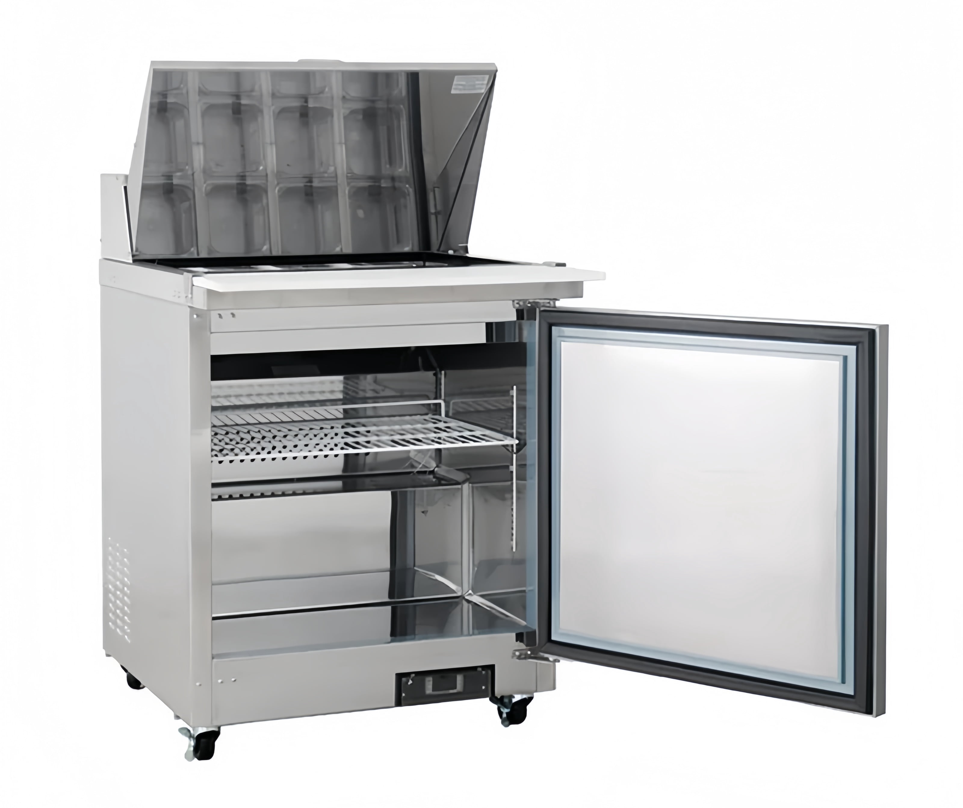 27.5 in. Commercial Mega Top Sandwich Prep Table Refrigerator, Stainless Steel Salad & Pizza Prep Station with 12 Pan Slots, Undercounter Fridge with Digital Temperature Control and Wheels