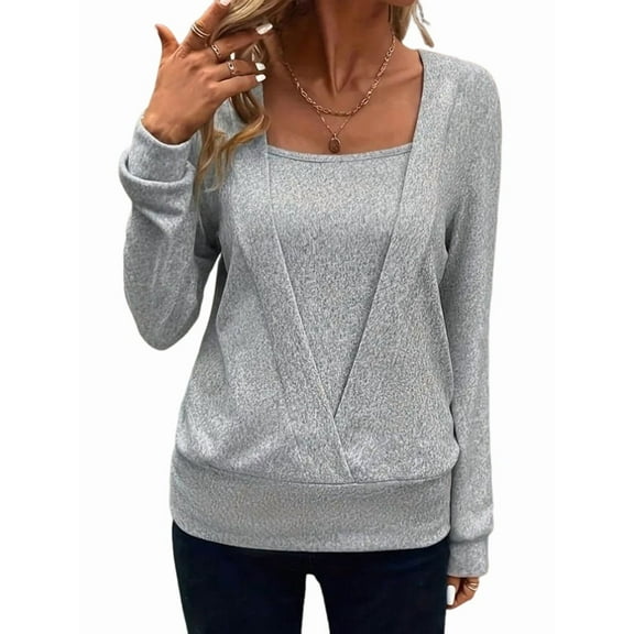 Women Solid Color Square Neck Long Sleeve Tops Grey M