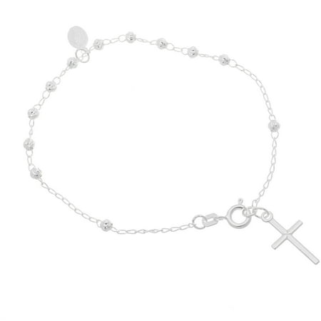 Sterling Silver Cross Bracelet - Lesa Michele Sterling Silver Oval and Bead Station Cross Charm Bracelet in Sterling Silver