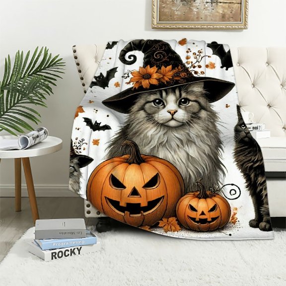 Witchy Cats Halloween Flannel Blanket: Pumpkins & Bats