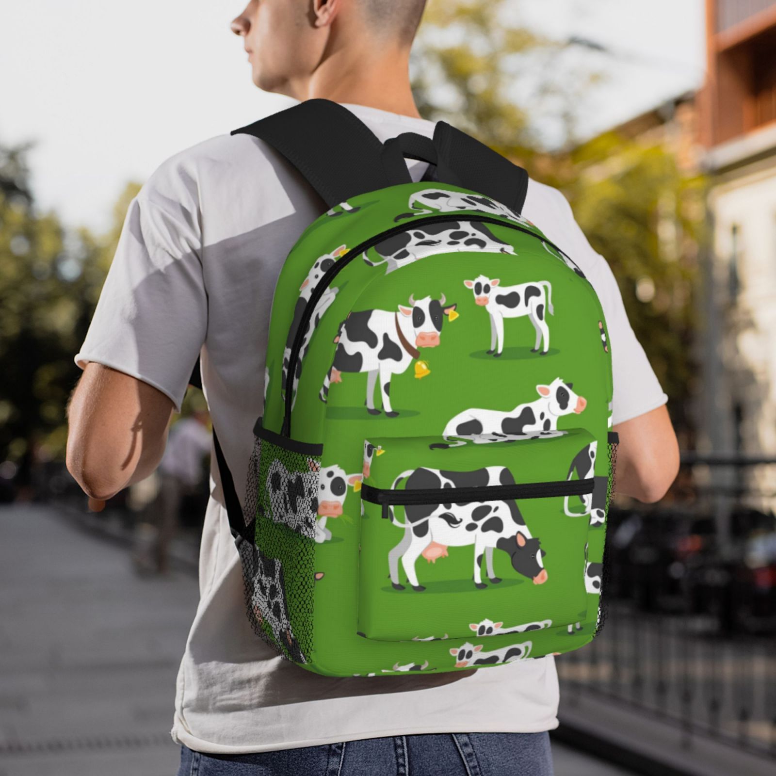 Vsdgher Cows With Calfs Green Print Unisex Large Capacity Bookbag Schoolbag Casual Daypack for High School/College/Teens/Travel/Work