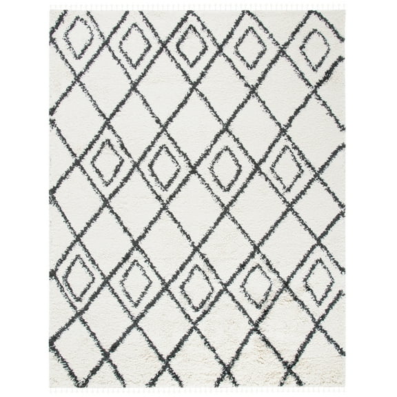 SAFAVIEH Moroccan Tassel Comhgham Geometric Shag Area Rug, Ivory/Dark Grey, 9' x 12'