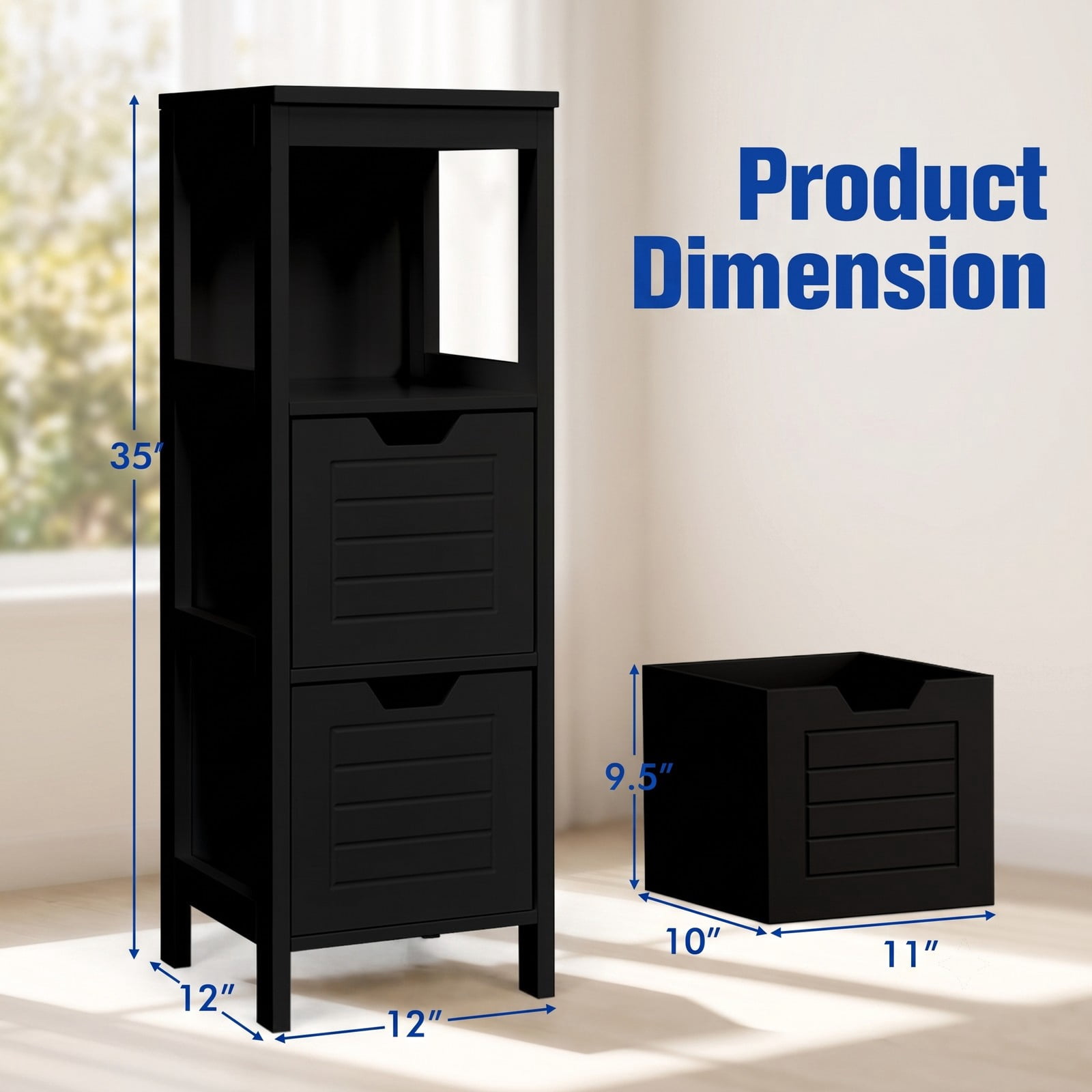 ALPULON Bathroom Wooden Floor Cabinet Multifunction Storage Rack Organizer, Freestanding Storage Stand with 2 Drawers and 3 Open Shelves for Living Room Bedroom, Black