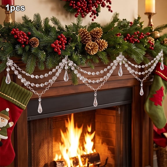 3-Layer Crystal Beaded Christmas Garland, Snowflake Ice Cone Hanging Decoration for Holiday Tree and Mantel.