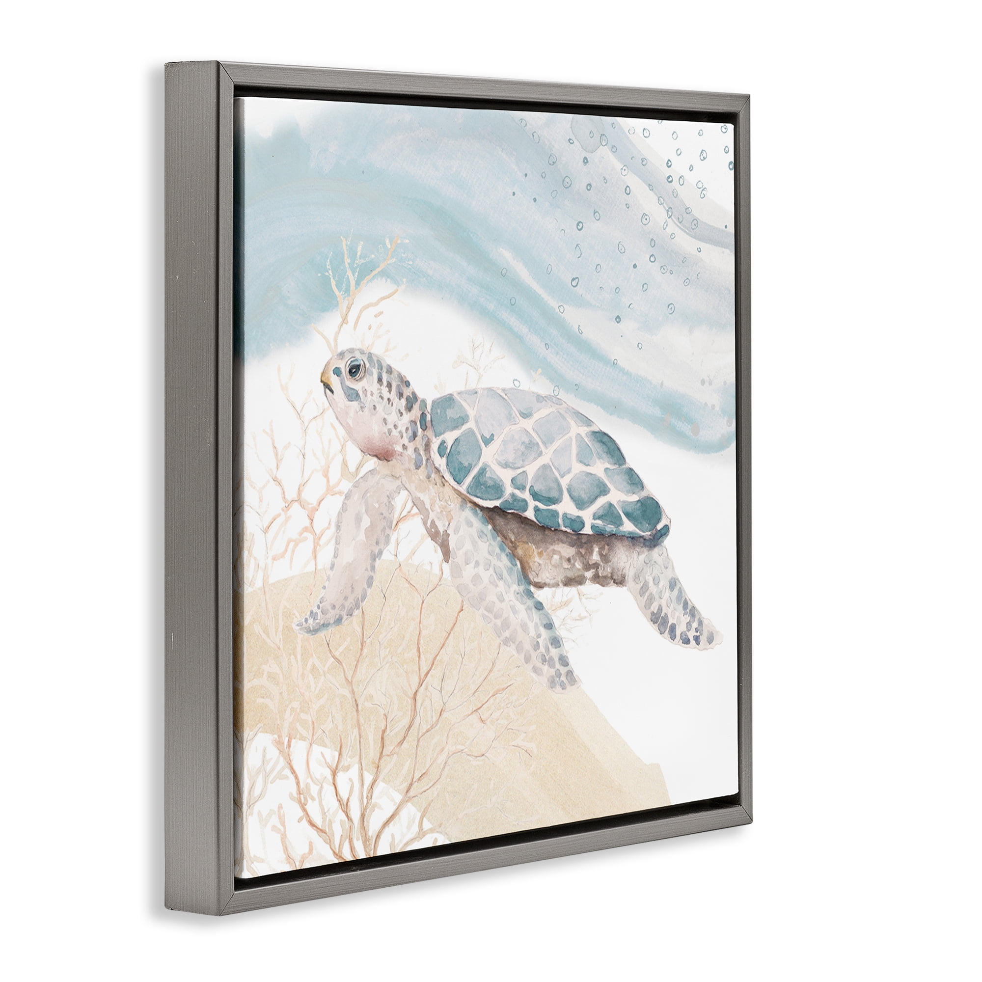 Stupell Industries Swimming Aquatic Turtle Animals & Insects Painting Gray Floater Framed Canvas Art Print Wall Art, 18 x 18