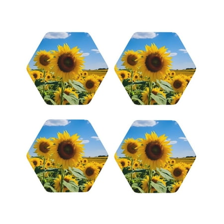 

Honeii Sky Golden Sunflower Field B Print Leather Coaster Set of 4 Ideal for Safeguarding Your Furniture from Drinks Spills and Effortless Cleanup-Hexagon