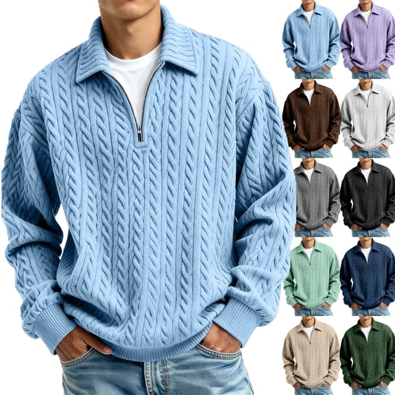 Men's Quarter Zip Long Sleeve Shirts Cable Knit Mock Neck Polo Sweater Casual Pullover Sweater