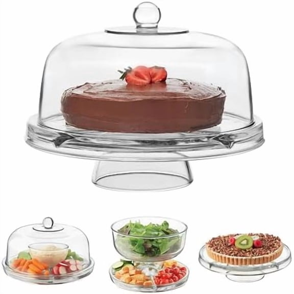 Selene 6-in-1 Domed Cake Stand, Unique Space Saving Glass Cake Stand with Dome, Multi-Purpose Dip Bowl To Serve Snacks and More