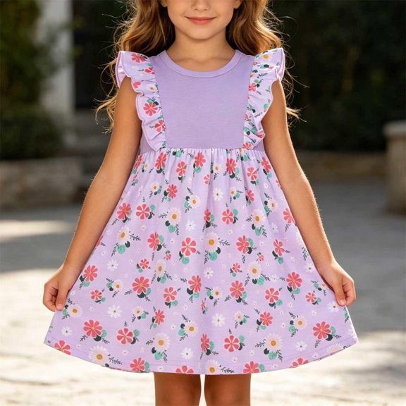 Bxsruta Girls Floral Print Sleeveless Casual Dress with Ruffle Shoulder Detail Soft Cotton Daily Wear for Toddler and Preschool Kids Outdoor Play Family Gatherings Summer Comfortable