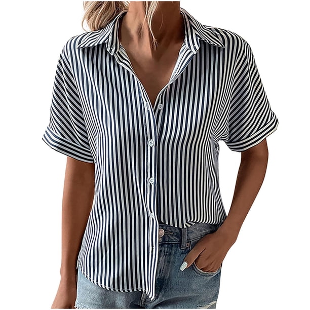 Camiseta de algodón de manga corta con cuello vuelto a rayas informal con estilo para mujer OAVQHLG3B Store lin121212