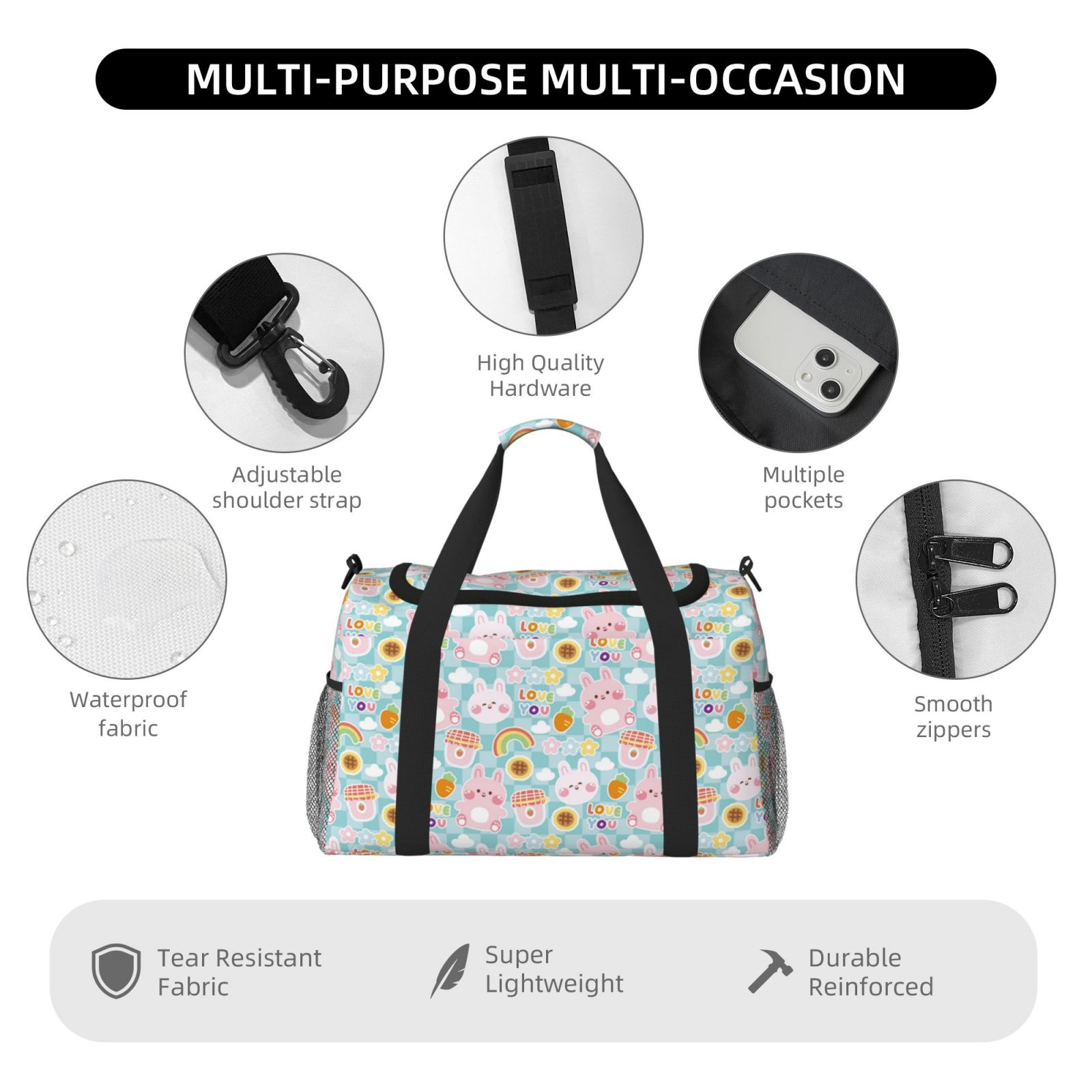 Fuzoiu Love You Rabbit Print Travel Duffle Bag,Carry On Tote Bags,Duffel Bag,Sport Gym Bag, Hospital Bag for Labor and Delivery, Overnight Bag,Luggage Bag