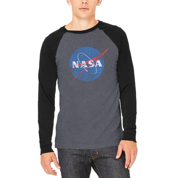 NASA Distressed Logo Mens Long Sleeve Raglan T Shirt Heather Black-Black LG
