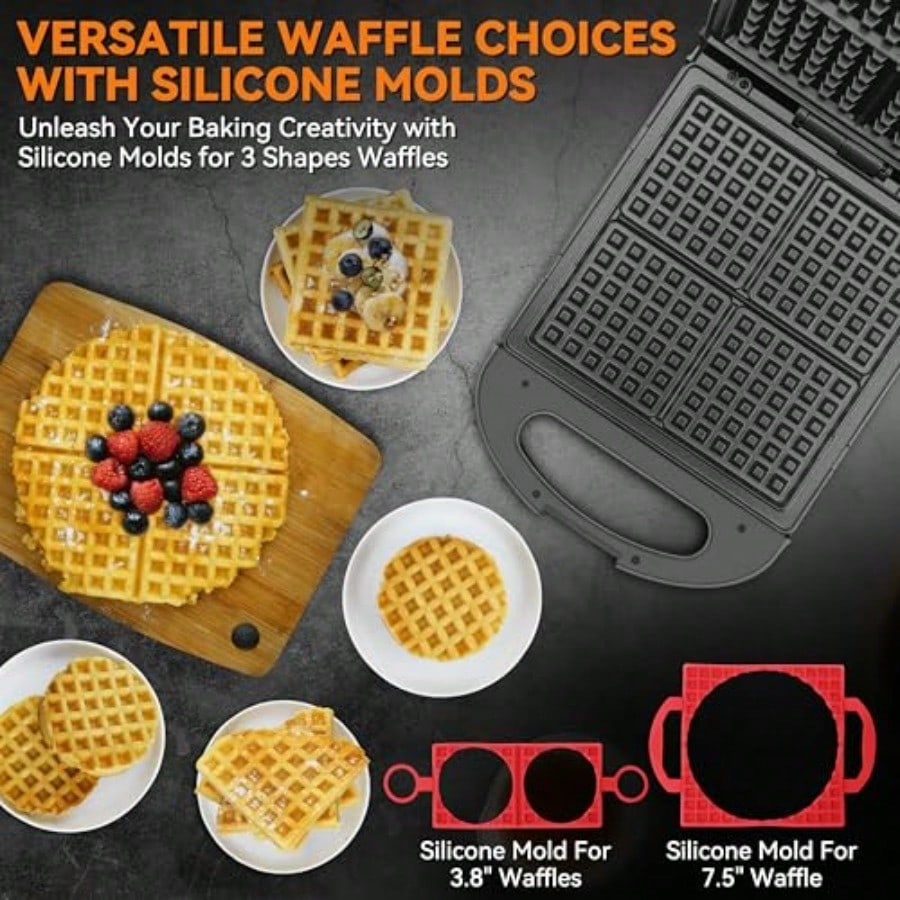 Multi Shapes Waffle Iron Combo Mini American Classic Belgian and Chaffle Maker 2 Silicone Molds Graphite