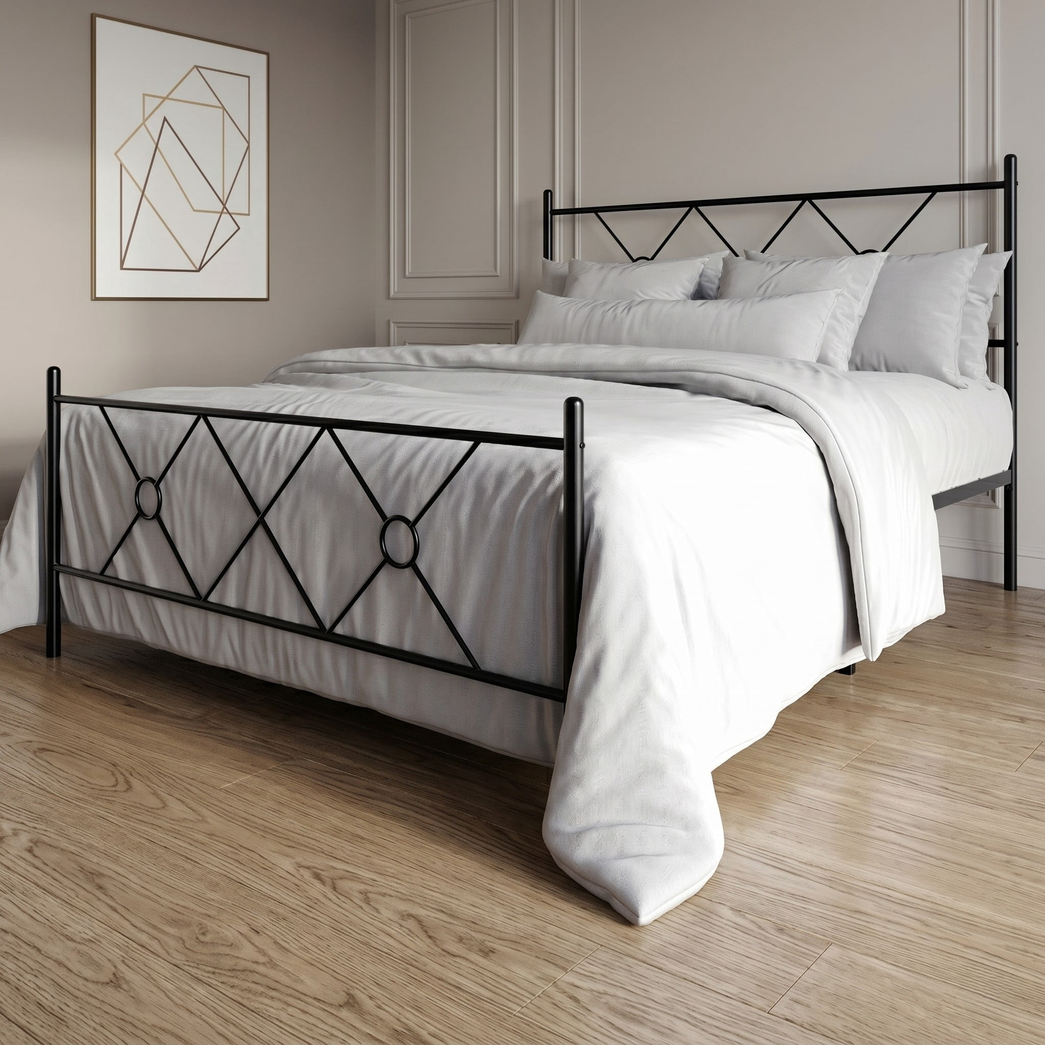 Home Design Marietta Full Modern Metal Bed, Diamond Pattern Design, No Box Spring Needed, Black, Easy Assembly