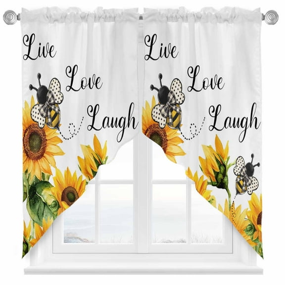 Summer Swag Curtains Sunflower Bee Floral Leaf Farm White Kitchen Swag Valance Rod Pocket Curtain Valances Scalloped Window Treatment/Drapes for Living Room Bedroom, Each 36"W x 36"L