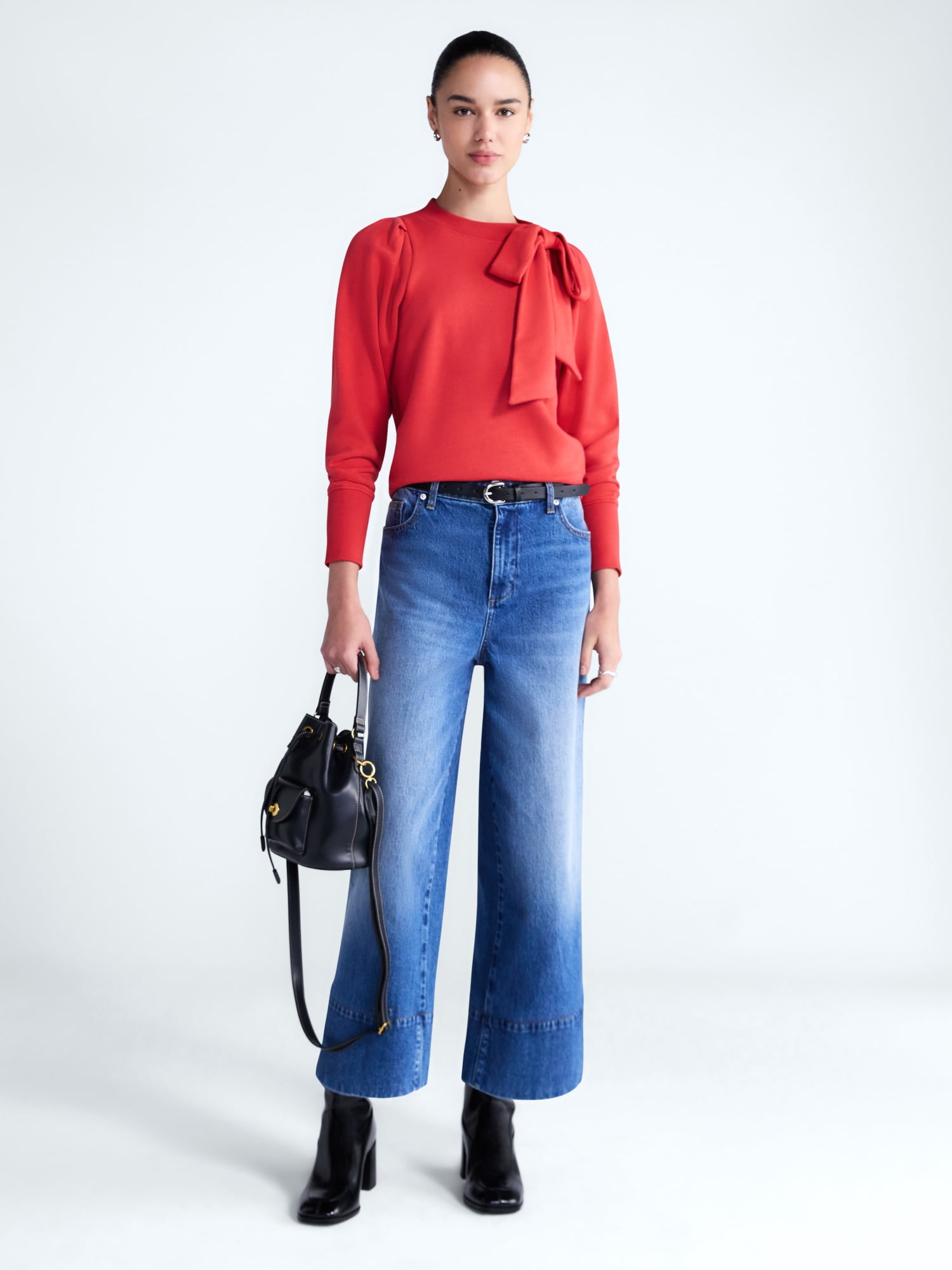 Free Assembly Women's and Women's Plus Bow Neck Sueded Terry Sweatshirt, Sizes XS-4X