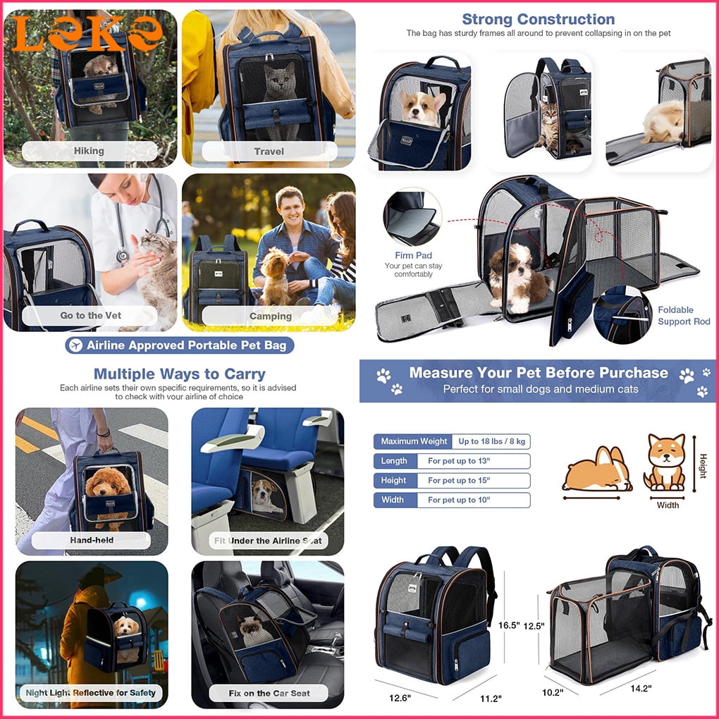 Large Cat Backpack Carrier Expandable Pet Carrier Backpack for Small Dogs Medium Cats Fit Up to 18 Lbs, Dog Backpack Carrier, Foldable Puppy Backpack Carrier for Travel, Hiking,Blue