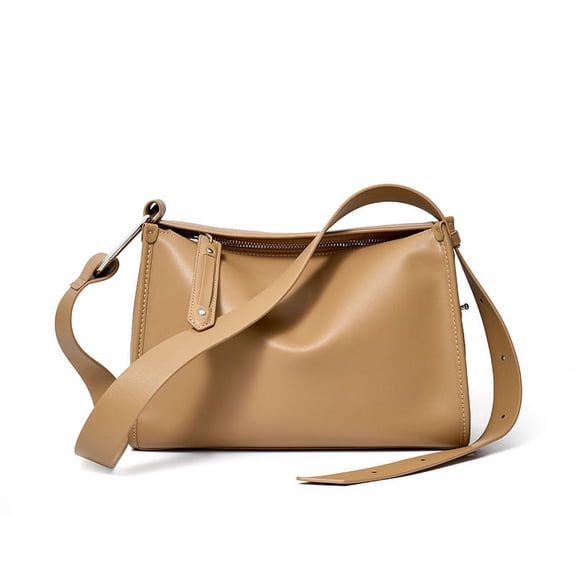 Genuine Cowhide Women Box Bag, Apricot Color Smooth Leather Shoulder Crossbody Bag