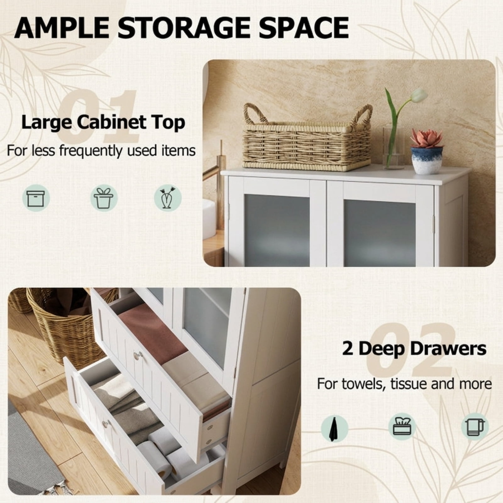 Vebreda Freestanding Bathroom Storage Cabinet, Bathroom Floor Storage Cabinet Freestanding Cupboard Pantry with 2 Drawers and 2 Frosted Glass
